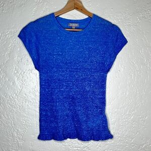 J.Crew Womens Blue Merino Wool Linen Ribbed Short Sleeve Sweater BQ204 Size M